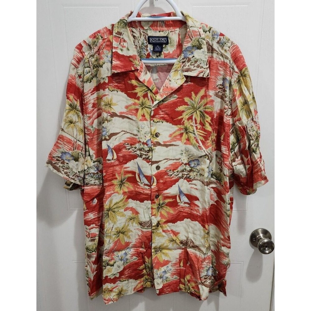 Lands End Red Hawaiian Shirt Tropical Aloha Floral Size XL 17 - 17.5 100% Rayon